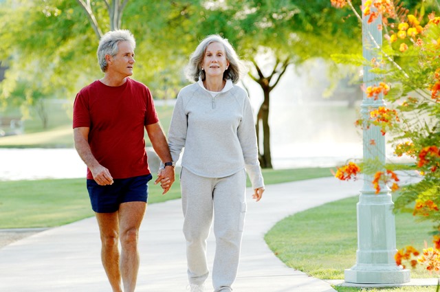 senior couple holding hands walking in a park